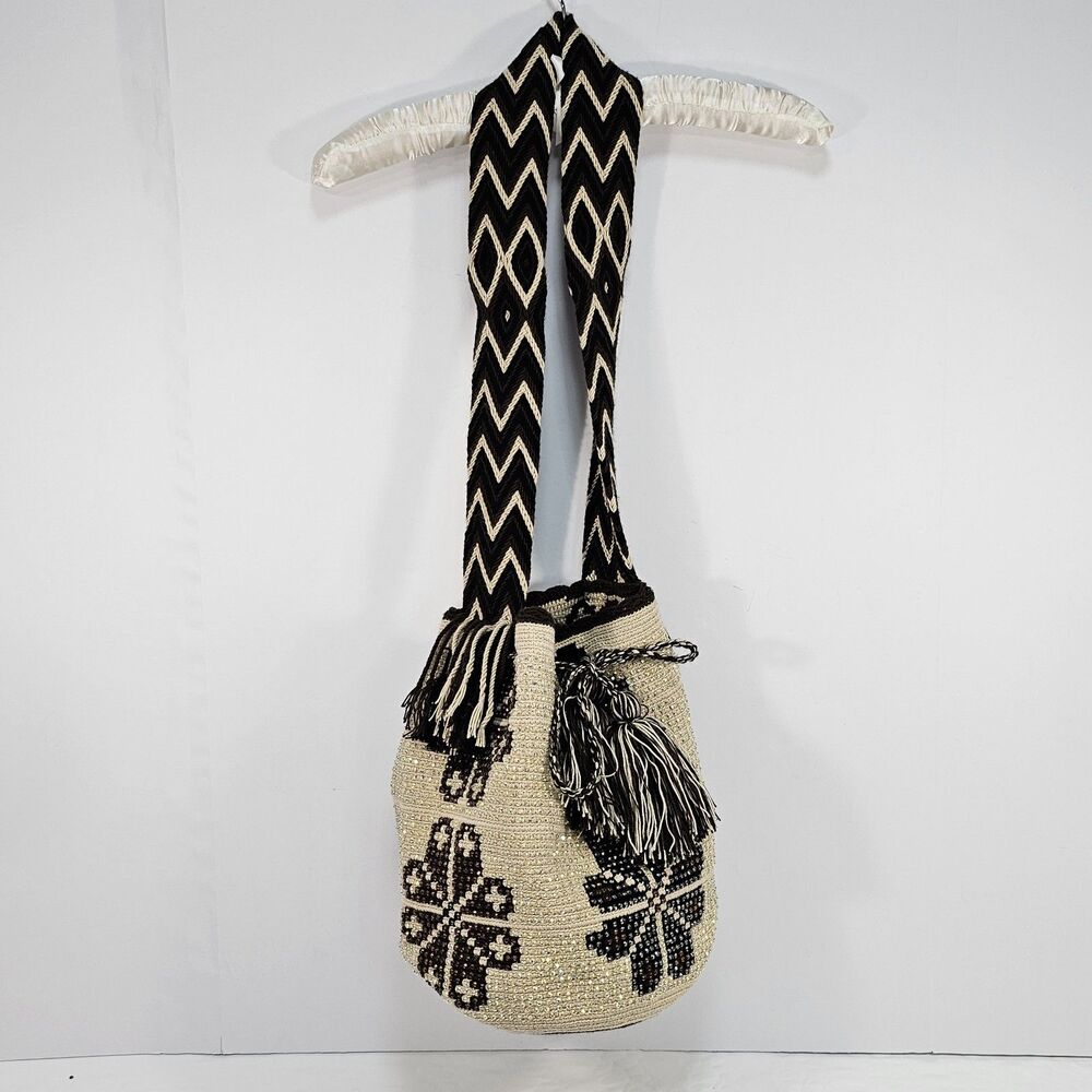 Boho Rhinestone Mochila Wayuu Style Crossbody Drawstring Tassel Shoulder Bag